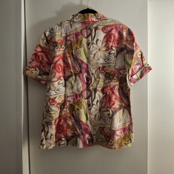 Chico's Women's Colorful Abstract Floral Linen Short Sleeve Shirt - Picture 2 of 7